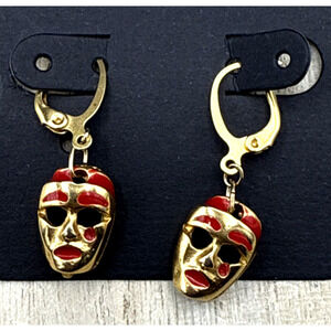 Mask Earrings Mardi Gras Theater Actor Tragedy Red Enamel Gold Tone Dangle Drops